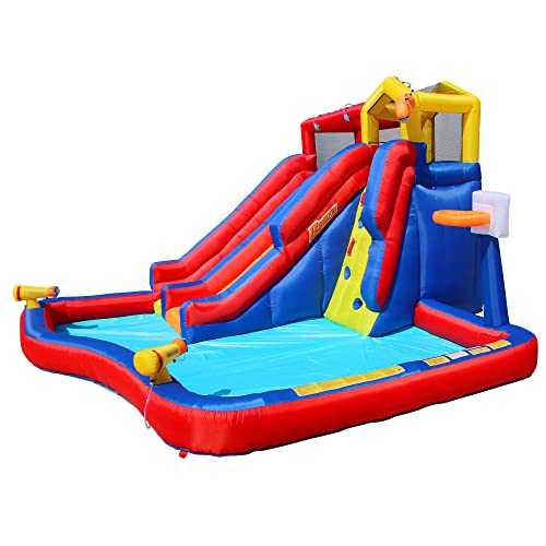 Banzai Twin Falls Water Slide, Heavy Duty Inflatable Water Park w/ 2 Waterslides, Water Cannons, & Basketball Hoop, for Kids Ages 5 to 12, Multicolor